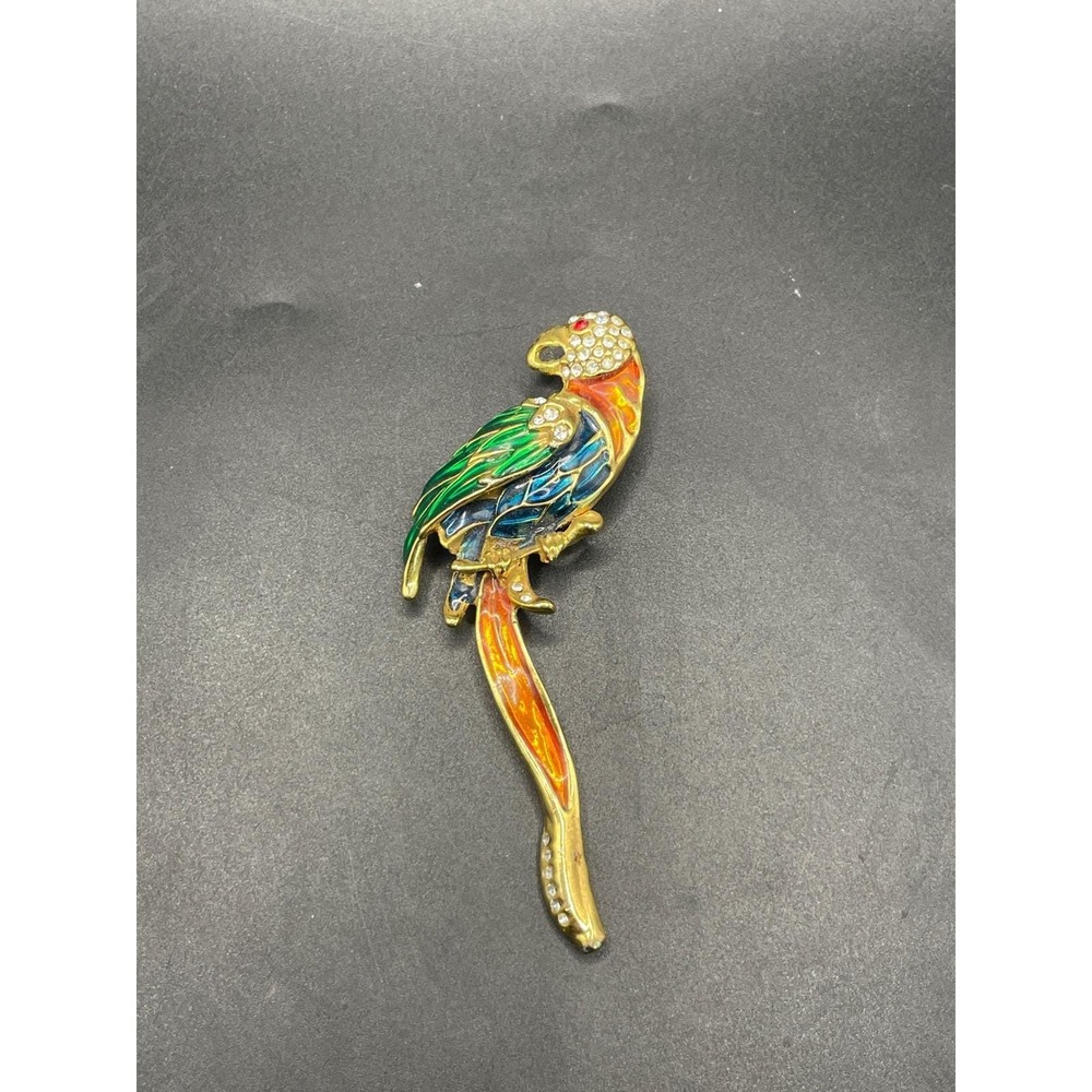 Vintage Enamel Parrot Brooch Gold Tone Rhinestone Tropical Bird Pin Macaw Multi